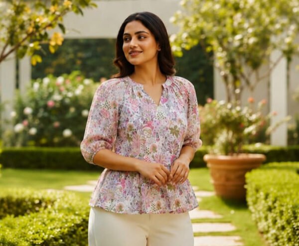 Woman in floral blouse outdoors