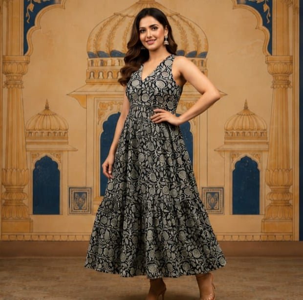 Woman in patterned dress posing elegantly.