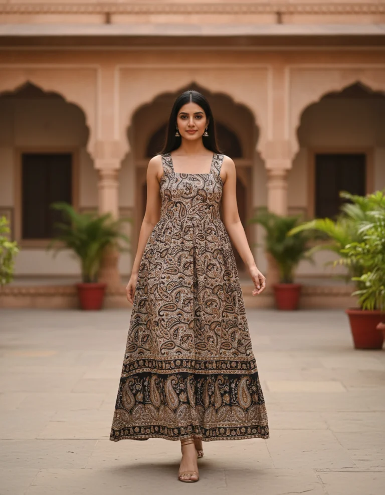 Woman in elegant patterned dress