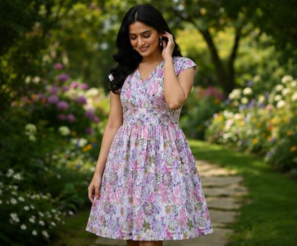 Woman in floral dress in garden