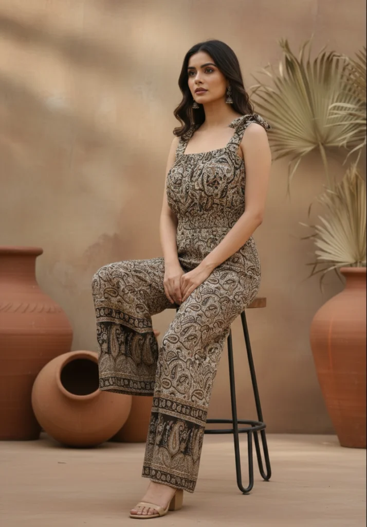Woman in patterned jumpsuit seated